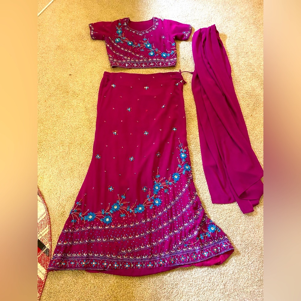 Magenta and teal Indian Sari(saree) 3 piece